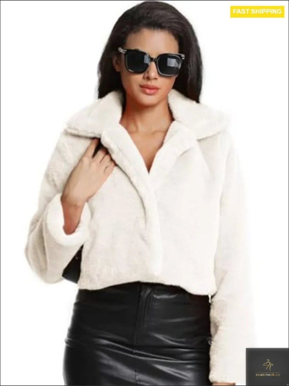 Cropped Faux Fur Jacket with Hidden Pockets Plush Shawl Collar Cardigan